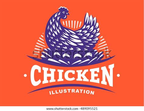 Hen Incubates Eggs Emblem On Red Stock Vector Royalty Free 489095521