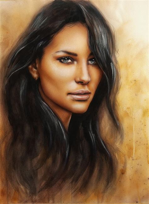 Beautiful Airbrush Portrait Of A Young Enchanting Woman Face With Long