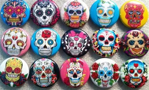 Day Of The Dead Sugar Skull Buttons Pins Pinbacks Magnets 1 Inch Set Of 15 Sugar Skull