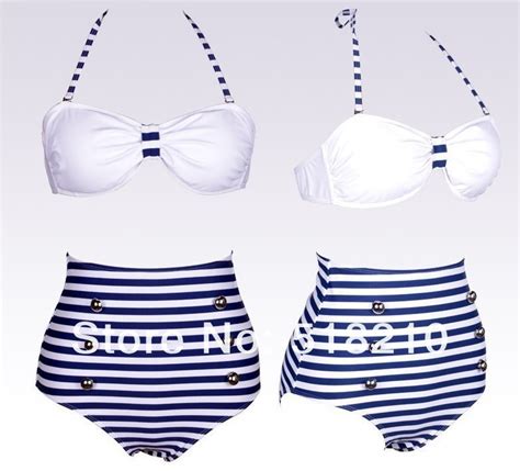 newest sexy fashion blue and white striped swimsuit sexy bikini swimwear retro high waist women