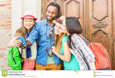 Group Of Happy Multiracial Friends Taking Selfie With Mobile Phone