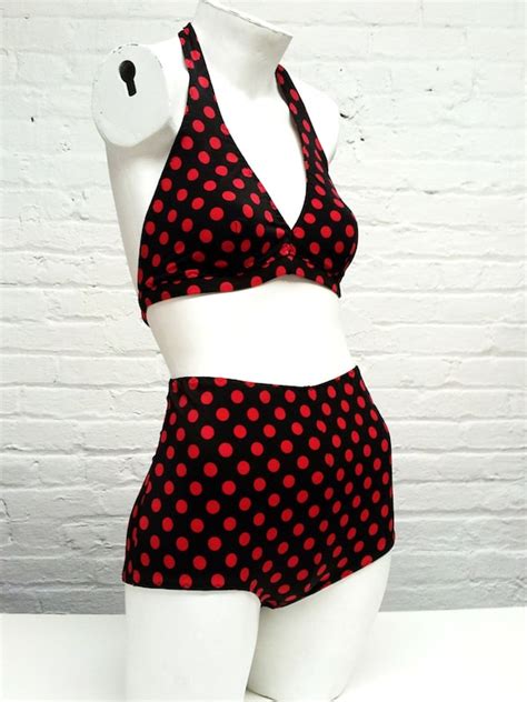 Red Polka Dot High Waisted Bikini Swimsuit Retro Two Piece