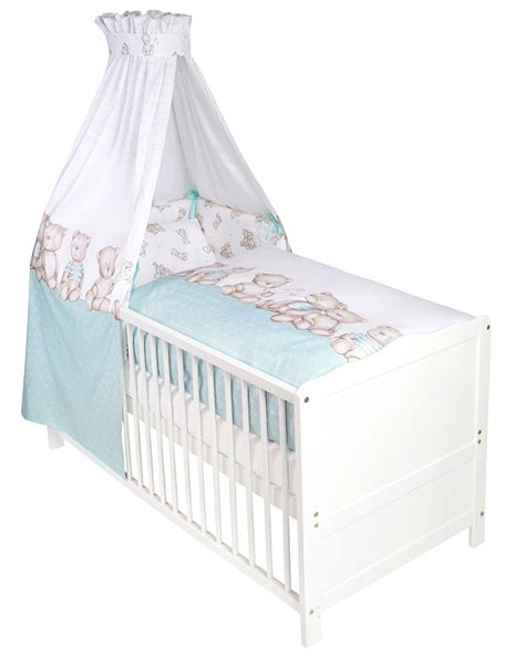 Bettwäsche, himmel, himmelstange, nestchen & matratze weiß. Baby-Betten-Set in weiß und mint mit braunen Bärenmotiven ...