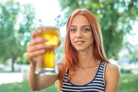 Beautiful Cute Red Hair Women Drinking Beer Stock Photo Image Of