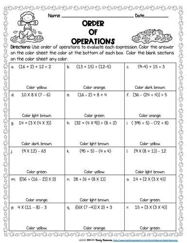 Please excuse my dear aunt sally! Order of Operations Worksheets: Color by Number-Fall Theme ...