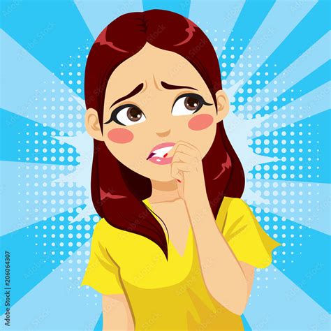 closeup illustration of woman in fear biting her fingernails anxious comic pop art style cartoon