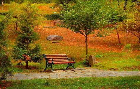 Обои Осень Скамейка Парк Fall Park Autumn Colors картинки на