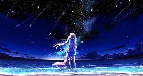Hd Wallpaper Anime Girl Beach Night Sea Blue 4k