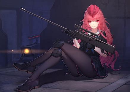 無料ダウンロード アニメ アニメの女の子 銃 武器 狙撃ライフル ショートヘア ブルネット 赤目 HDデスクトップの壁紙