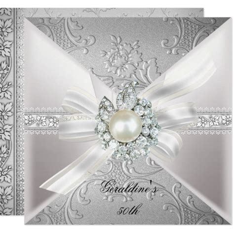 Elegant Pearl White Silver 50th Birthday Party Invitation