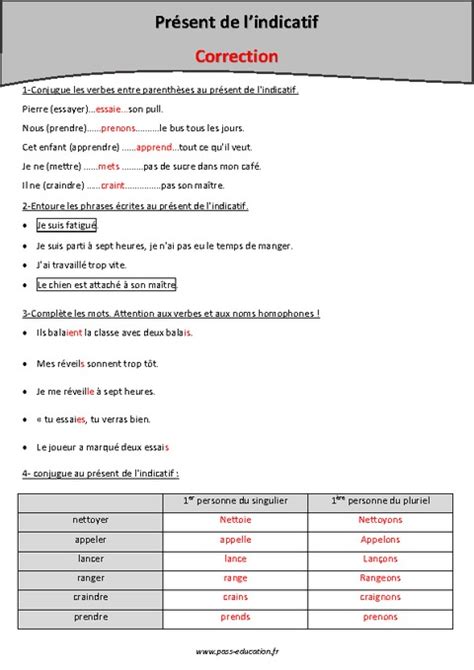 Pr Sent De L Indicatif Cm Exercices Imprimer Pass Education 60711 The