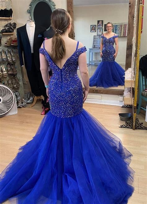 rhinestones royal blue prom dresses tulle skirt long mermaid evening gown · kprom · online store