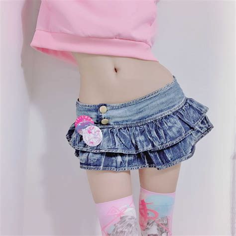 Japanese Girl Pleated Super Mini Denim Skirts Low Waist A Line Bud