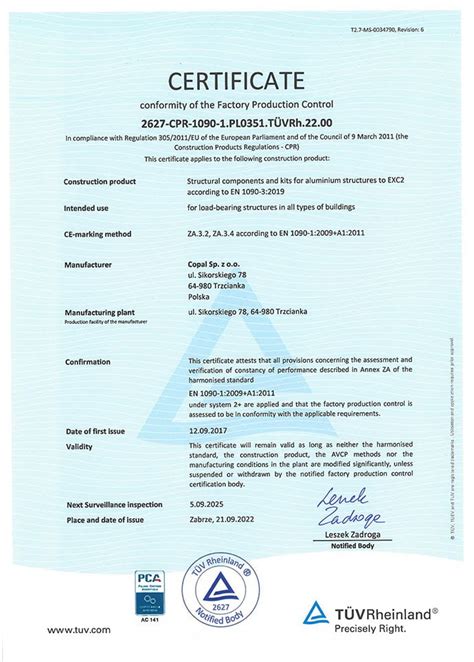 Certifikat En 1090 1 Copal Polska