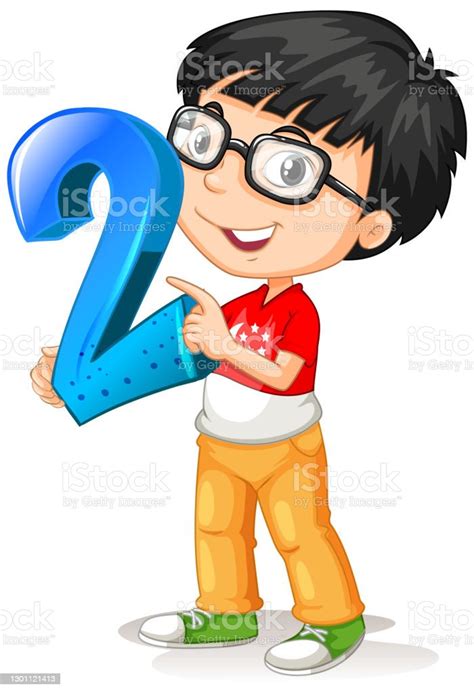 Nerdy Boy Wearing Glasses Holding Math Number Two Stock Illustration