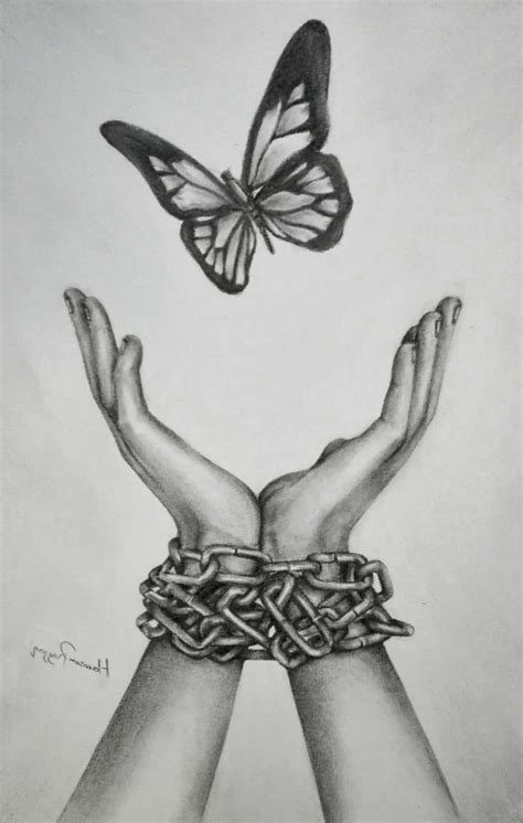 Cute Simple Drawings Two Hands Bound By Chains Butterfly Above Them