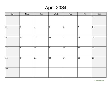 April 2034 Calendar With Weekend Shaded