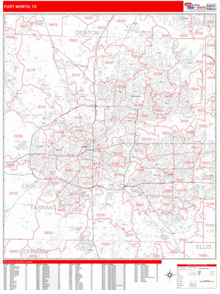 Fort Worth Texas Zip Code Wall Map Red Line Style By Marketmaps