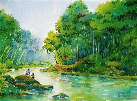 Romantic Riverside Painting By Sandeep Khedkar