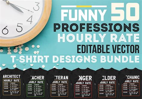 50 Professions Funny Hourly Rate Editable Vector T Shirt Designs Bundle