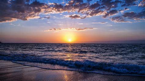 Desktop Wallpaper Sea Waves Sunset Clouds Beach Hd Image Picture