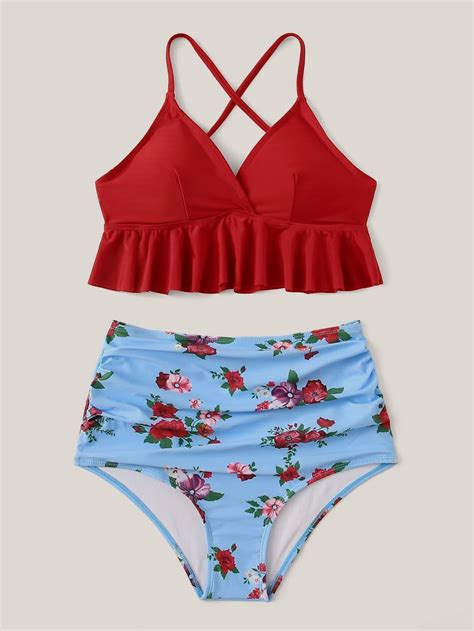Red Ruffle Hem Criss Cross Cami Top Swimsuit With Floral Bikini Bottom