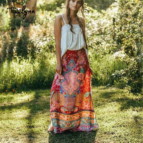 Teelynn Boho Women Long Skirts Rayon Bohemia Peacock Floral Print Sexy Side Fork Beach Skirt