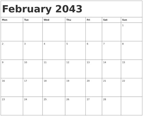 February 2043 Calendar Template