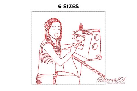 Female Doing Embroidery Lineart Machine Embroidery Designs Redwork
