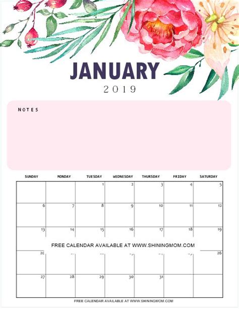 Floral January 2019 Calendar Calendar Printables Monthly Calendar