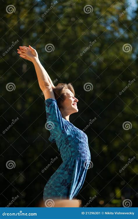 Girl Stretching Toward The Sun Smiling Stock Image Image Of Harmony Standing 21296301