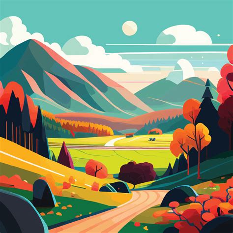 Nature Flat Landscape Illustration In Funky Cartoon Style Colorful