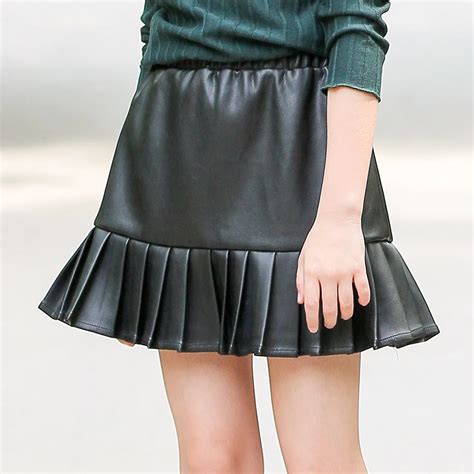 Pu Leather Teenage Skirts For Kids Black High Waist Ruffles Mini