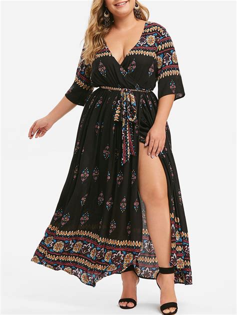 24 Off 2020 Plus Size Plunging Neckline Floral High Slit Maxi Dress In Black Dresslily
