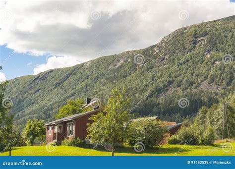 Wooden Red House In The Norwegian Mountains Editorial Stock Photo