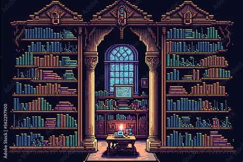 Pixel Art Old Library Book Library Background In Retro Style For Bit