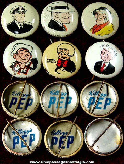 6 1940s Kelloggs Pep Cereal Prize Comic Character Pin Back Buttons Tpnc