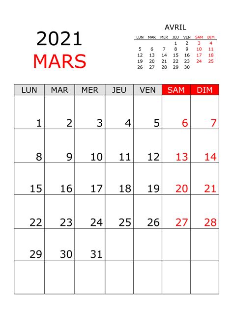 Calendrier Mars 2021 Calendriersu