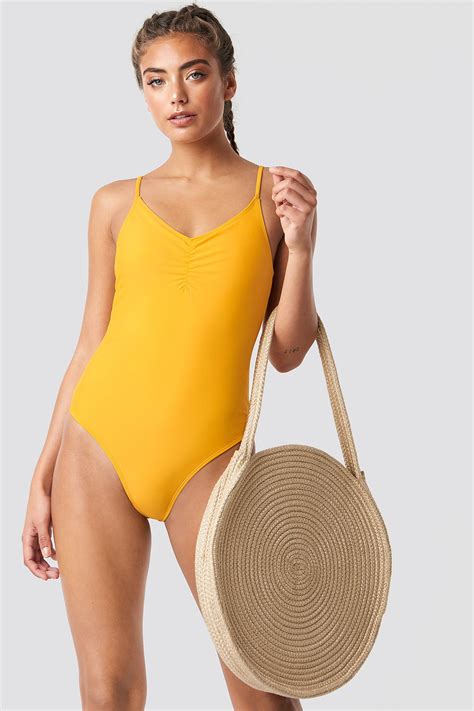 Basic Front Ruched Swimsuit Yellow Na Kd