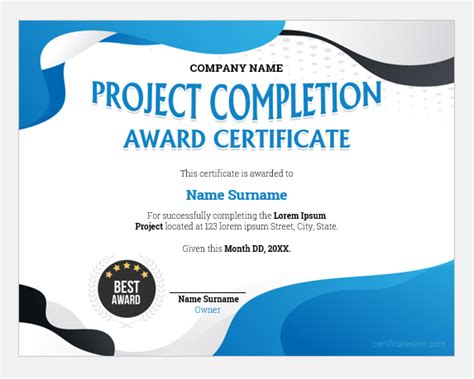 Project Completion Award Certificate Templates Editable