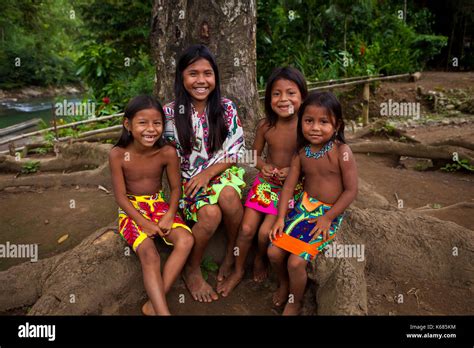 Happy Embera Puru Indian Children In Their Village Beside Rio Pequeni