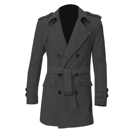 Men Epaulets Slim Fit Double Breasted Belted Worsted Coat Trench Winter
