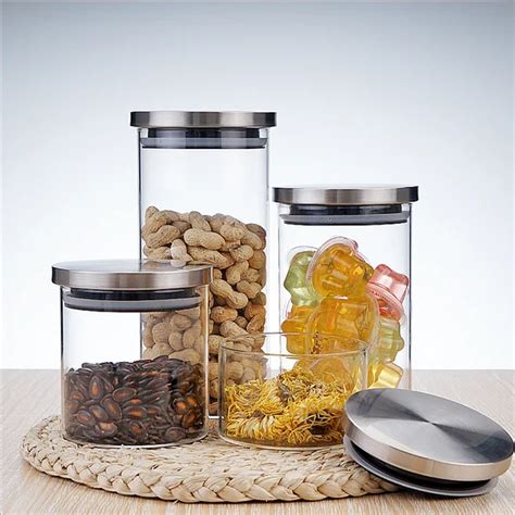 Set Of 4 Pcs Glass Food Storage Containers With Airtight Stainless Steel Lids Kitchen Canisters