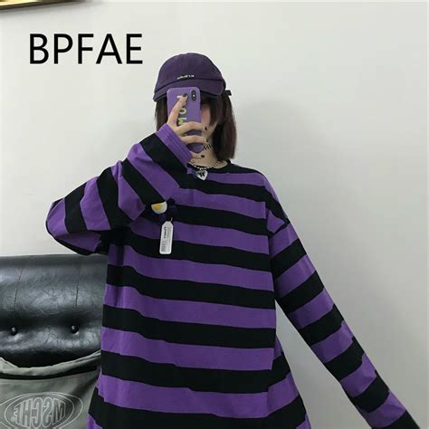 2018 Autumn Women Preppy Style Purple Striped T Shirt Harajuku Long Sleeve O Neck Loose Casual