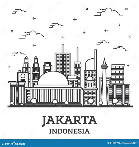 Outline Jakarta Indonesia City Skyline With Modern Buildings Isolated