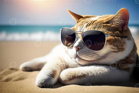 Cat With Sunglasses Chilling On The Beach Vacation Holiday Mood