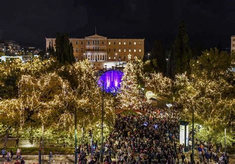 Christmas Tree Lights Up At Syntagma Square Holiday Season Begins In
