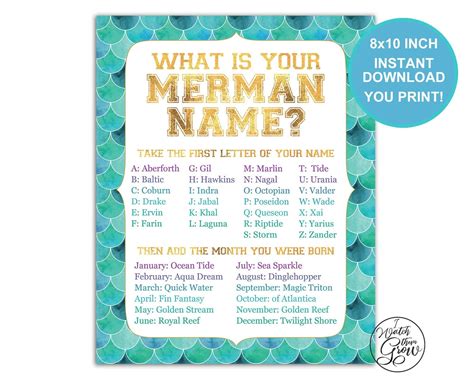 Merman Name Game Printable What Is Your Merman Etsy Mermaid Party