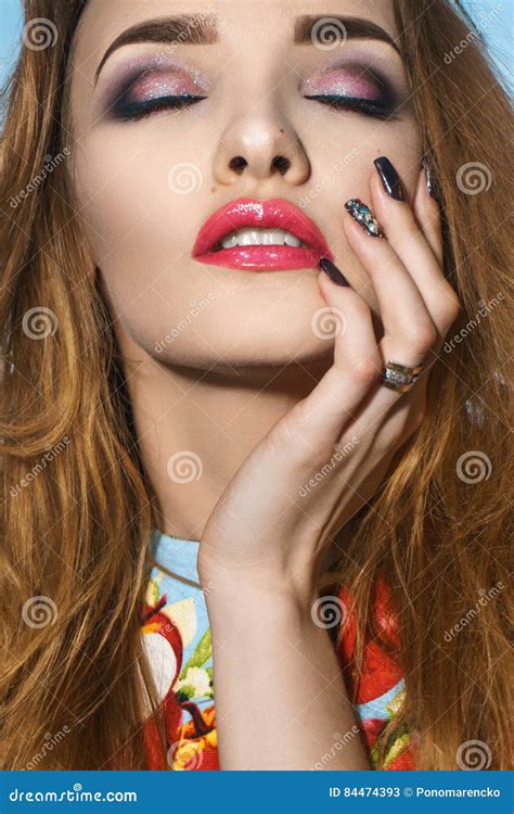 portrait of beautiful sexual girl who keeps hand on her face and closed eyes stock image image