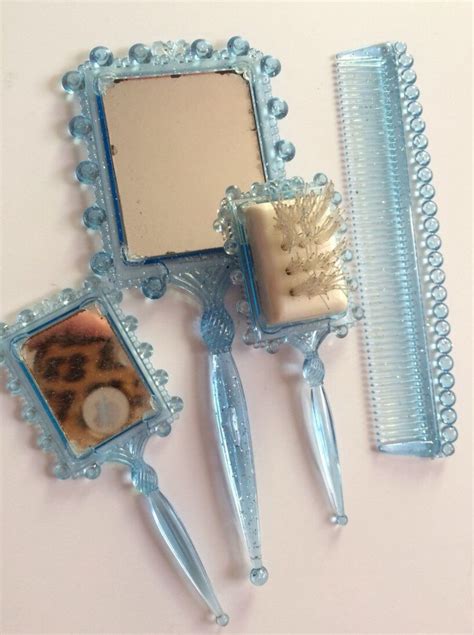 Vintage Child And Doll Matching Vanity Set Mirrors Hairbrush Comb Blue